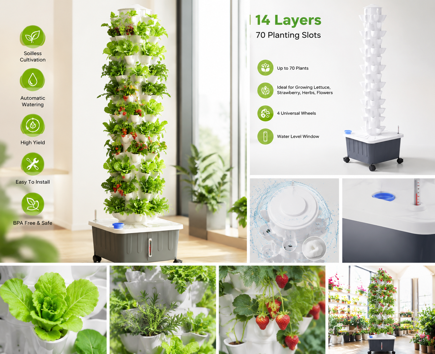 Hydroponic Tower Garden with fresh herbs and strawberries